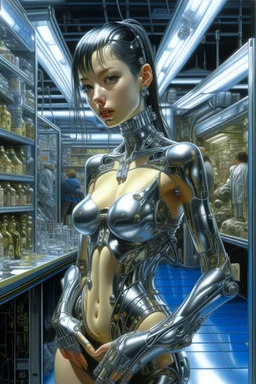 A digital photography portrait, by Hajime Sorayama, of a beautiful cyborg girl standing in a cyberpunk shopping.