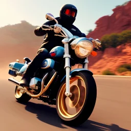 pixar style of a motorcyclist in modern Disney style , thick gold chains around neck, photorealistic face, fluffy beard, wearing boxing gloves, highly detailed, badass, pity the fool, 8k, post-processing, epic composition, sharp focus, unreal engine, octane render, eiichiro oda, ilya kuvshinov, Dorina Costras, frank miller