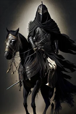 Arab warrior Full Body Full Armored Wearing Face Masculine Mysterious Powerful Fantasy High Quality Carrying his bow black clothes His horse behind him