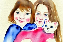 One cute smiling Norwegian girl is holding a kitten. Watercolour