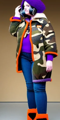 Brunette.thick thighs,thick calves,flat belly,curvy fell. big head. Mantle is sewed of upcycled Denim and sewed together of camouflage pieces. Pieces' color are orange, cream and purple. It is with big bright purple felt tippet and cream-colored-hood. mantle is merged with satchel. . Big AKG-style headphones (gold rings!) is merged with small felt cap with small visor. Style: Haute Couture in 1910's, N.Y.C fashion in 1996, inspired by street art 2023 Paris