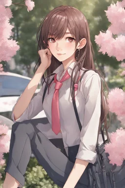 close up headshot portrait of beautiful 18-year-old man who looks like a girl, femboy, feminine, male, brown hair, red eyes, pretty body, perfect face, Wadim Kashin, James Gurney, amazing beauty, college campus background, has pink accents on clothes, anime style, 8k resolution, high definition