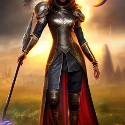 Full body, fantasy setting, woman, dark skin, Indian, 20 years old, magician, warrior, hourglass body shape, bicolor hair, muscular, cinematic, Arabian clothes, insanely detailed, Arabian style, half-hawk haircut, white and red hair, medieval