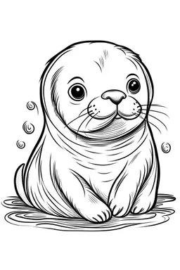 cute coloring page, sketch style, cute baby seal in the ice, cute cartoon, white and black, withe background, no shadows, outline.