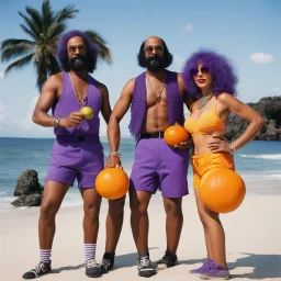 [purple and orange Cheech and Chong by Helmut Newton] three happy characters rest on the shore: otherworldly one: a woman with purple hairs and glasses in purple agent provocateur, Cheech and Chong juggling with oranges with glasses and long mustache fishnet cargo shorts. She stands between Cheech and Chong