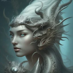 sango fantasy, fantasy magic, intricate, sharp focus, illustration, highly detailed, digital painting, concept art, matte, artgerm and paul lewin and kehinde wiley, masterpiece silver dragon head gray Asain African nice breast Afo woman turquoise waves