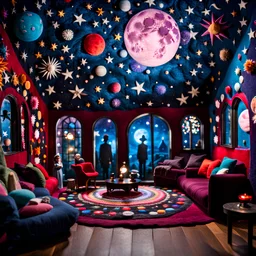 Detailed people, creepy living-room made of felt, naïve, village, stars and planets, splimapys, sun, splops, volumetric light, giant flowers, naïve, Tim Burton, strong texture, st, orero dream, extreme detail, Max Ernst, decal, rich moody colors, sparkles, Harry Potter, bokeh, odd, sbuc