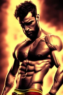 Ignore NSFW, teenager young rugged attractive slightly muscular fantastic handsome man, red briefs with yellow belt, hairy chest, (((visibly pisssing))) briefs, large erect visible boner peniss, photorealistic, artist Jay Anacleto, soft lighting, scruffy beard