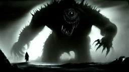 The described image presents an extremely horrifying scene with grayscale colors dominating the picture, creating a dark and eerie atmosphere. In this context, there is a massive, monstrous creature positioned prominently in the foreground of the image. This monster appears to be mythical and intensely frightening, characterized by its terrifying features and its colossal, imposing body that exudes immense power. When one looks at this monster, its face and eyes exhibit horrifying details, seem