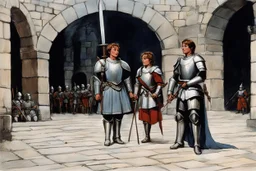 [middle age art by Jason and the Argonauts (1963)] at nightfall: lonely youthful smiling Joan of arc in her armour in the courtyard of the Royal Court in Chinon for an audience with Charles, the King of France at the age of 17. the guards open the gates of the city