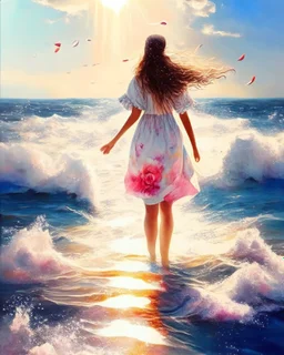 woman floating in ocean sky, heavenly sunshine beams divine bright soft focus holy in the clouds