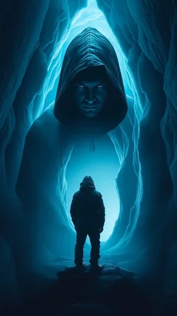 A giant hooded man looking at you ,standing in front of a mysterious, portal or opening in the ice, symbolizing the hidden secrets of Antarctica waiting to be uncovered. The light blue dark surroundings, creating a sense of anticipation and intrigue.