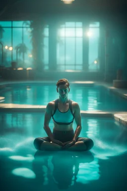 portrait of resting young yoga diver in a cyan pool in fallout 4 setting, bokeh, downlight, prize winning, depth of field, in the style of ivo caprino, backlight, aura