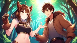 Girl and Boy, forest, ,deer hoof foot, brown hair,hoof hand, more fur on navel,