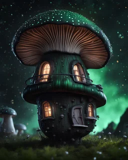 An illogically floating mushroom house on a clear night. white green black, Stars Dark cosmic interstellar. Detailed Matte Painting, deep color, fantastical, intricate detail, splash screen, hyperdetailed, insane depth, concept art, 8k resolution, trending on Artstation, Unreal Engine 5, color depth, backlit, splash art, dramatic, High Quality Whimsical Fun Imaginative Bubbly, perfect composition