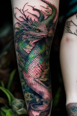 thigh dragon tatoo, snake tatoo wrapped in the things, leg focus, thigh focus