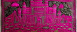 A magenta castle tapestry designed in Kuna Molas