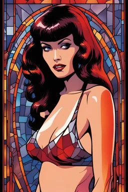 a multicolored, stained, spectral, glass fragment, Vampirella, the female vampire wearing a red bathing suit