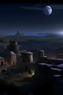 affiche de film d'animation avec au premier plan des ruines, au second plan des plaines et au dernier plan une cité médieval, night rendu 3d semiréaliste