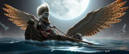 a fluffy quickling egyptian bald hat looks like the opposite of a vampire in bunad leaning on statue of twister interdimensional sci fi boat with oars that looks like wings gliding through space waters under the biggest owl