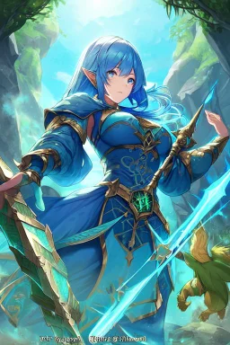 cleric, Elf woman, blue armor, Blue Hair Sulune, Spear hot