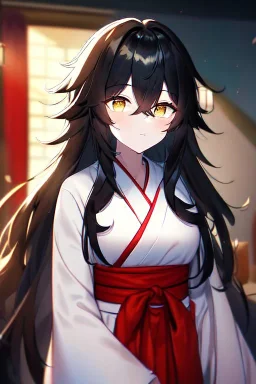 girl, masterpiece, best quality, cinematic lighting, detailed outfit, vibrant colors, perfect eyes, golden eyes, long hair, black hair, messy hair, hair between eyes, indoors, depth of field, ray tracing, miko outfit,