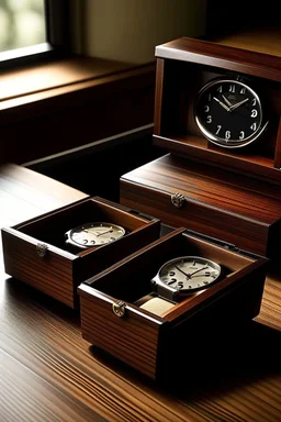 "Produce an image that showcases a Key Bey Berk watch box in a well-lit room. The box should be made of high-quality, dark wood with a glossy finish. Show multiple watch compartments inside, each containing an elegant watch, and reflect the room's sophistication in the image."