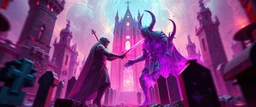 Epic portrait of paladin vs lich in tower cemetery in the style of Giger and Escher in Transparent Psychedelic Fluorescent Colors looking like a Record Cover, multidimensional blur