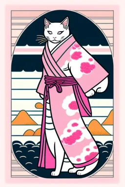 ukiyo-e style print of a white cat with a human body wearing a soft pink yukata and walking by the sea