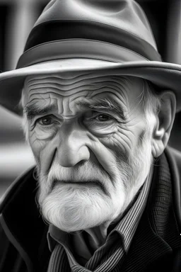 old man with a hat man looking at the front black and white
