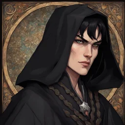 Dnd, fantasy, portrait, only face, archimage, medieval mosaic, ruthless, violent, old, black robe, very slim, black hair