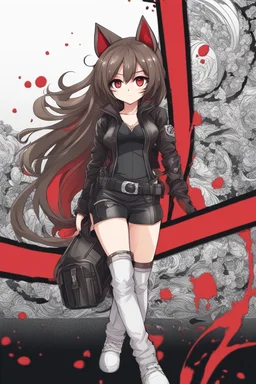 a full-body shot of a woman with long brown hair, red eyes, with a confident, 'bad girl' vibe, striking a pose, wearing black and red leather, ((Chibi anime style)), intricately detailed, detailed splash art background