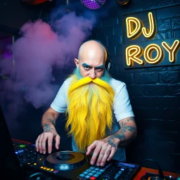 A DJ performing at dance club, his name DJ ROY and looks crazy, bald with crazy blue yellow beard. Neon lights and smog, DJ ROY SIGN ON WALL