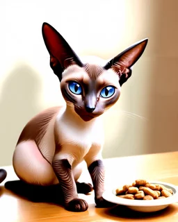 Pleading Oriental shorthair chocolate point Siamese cats with blue eye.The family pets. The drama queen. "Hey! Hey! There's a problem. Over here! Right here! It's my food dish! What do you mean, so what? It's completely empty! I'm starving! I'm skin and bones!"Modifiers:extremely detailed fantasy Arthur Rackham Gothic whimsical Andrea Kowch Daniel Merriam Kevin Sloan alcohol ink Magritte Esao Andrews Kate Leiper Dream pen and ink Graham Bruce Richards Crackling lightning inca
