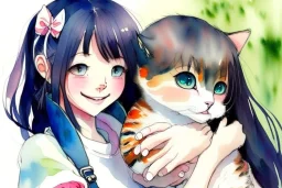 A cute smiling manga girl is holding a kitten. Watercolour