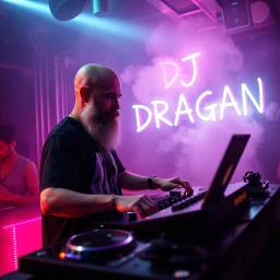 A DJ performing at dance club, his name DJ DRAGAN and looks crazy, bald with beard. Neon lights and smog, DJ DRAGAN SIGN ON WALL