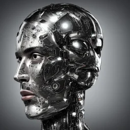 man head , high detail , face is cyborg , black background