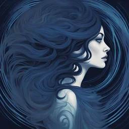 An intriguing neon impressionistic digital illustration of a woman with dark hair swirling around a distorted skull, her tresses forming dramatic spiral vortex patterns. The artwork demonstrates exceptional prowess in using varying shades of dark blue and onyx black. The skull and the woman are masterfully imagined, made of delicately positioned feathers, their edges illuminated with spirited play of expressive light and shadow. The overall raw styled painting resonates strongly with expressioni