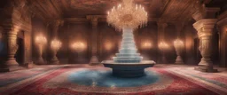 Hyper realistic detailed inside historical indian castle with chandeliers & ceiling paintings & glass work on pillars with beautiful carpet & water fountain at night