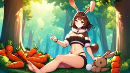 Girl, brown rabbit ears , brown rabbit tail, brown hair, open navel, forest, morning, carrot in hand, sit, , fur on hand and feet.