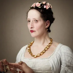 Portrait of a ugly woman in a regency dress, french, beautiful gold flower jewelery 8k, HD, cinematography, photorealistic, Cinematic, Color Grading, Ultra-Wide Angle, Depth of Field, hyper-detailed, beautifully color-coded, insane details, intricate details, beautifully color graded, Cinematic, Color Grading, Editorial Photography, Depth of Field, DOF, Tilt Blur, White Balance, 32k, Super-Resolution, Megapixel, ProPhoto RGB, VR, Halfrear Lighting, Backlight,