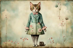 Mixed media painting of a whimsical cat in vintage spring themed clothes, full length including feet, standing, in the style of Catrin Welz-Stein, MINIMAL DESIGN, stylize 200 encaustic