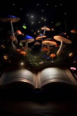 open book, dark backgroung, colourful mushrooms growing on the pages, hyperrealistic, natural colours, fairies, butterflies, string lights