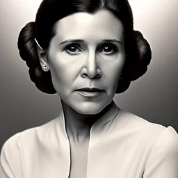 half-length color photography, three-quarter face pose of carrie fisher as Princess Leia with realistic fine and very simple short hair, entrancing deep brown eyes, Intricate, High Detail, Sharp focus, realism, beautiful and detailed lighting, Nikon D850, ef 85mm 5.6 by Annie Leibovitz