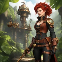 Meet her, a daring steampunk adventurer with an intricately designed brass-and-copper exoskeleton that enhances her agility and strength. With her wild, copper-red hair, she navigates lush jungles and forgotten ruins with her versatile gear, including a steam-powered grappling hook and a clockwork compass that always points to adventure. Adorned in a leather duster and fitted corset [Shattered Image, Shot the texture, rewind the film for double exposition from multiple 1979 B colour movies]
