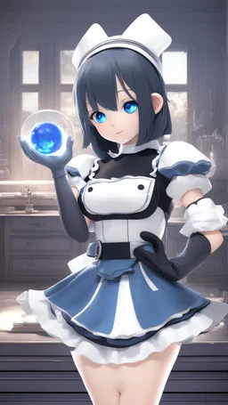 3d maid with short black hair and blue glowing eyes