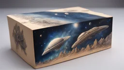 a box 10 cm long by 5 cm wide and 25 cm high, drawn on a box on all sides, space, aliens, tress and more beautiful, very realistic