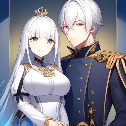 Twins, boy and girl, white hair, silver eyes, royal hall background