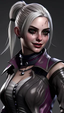 Harley quinn female with black, grey, white, and purple coloration and clothing in a realistic style