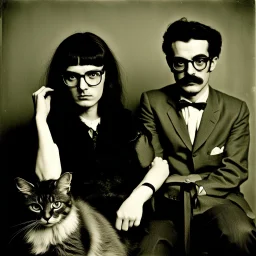 Awkward portrait Photo with a man and a woman with ugly glasses, 30 years old sitting on chair, serious look, long 1960 hair and mustasch, polaroid camera photo, holding small cats